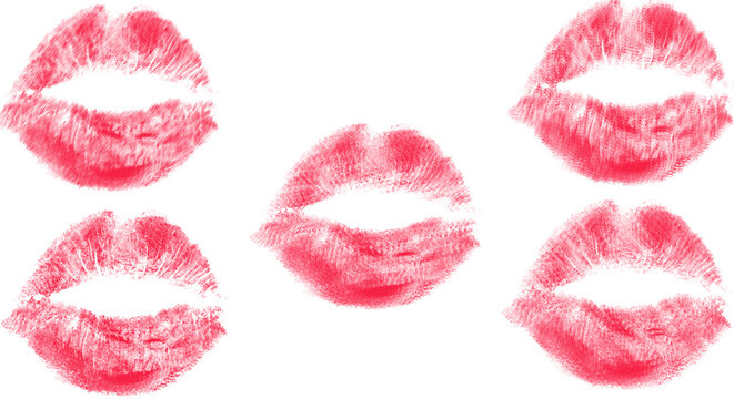 Five Red Lipstick Kiss Marks Scattered on White Background, Random Lip Print Arrangement, Romantic Love Graphic Design Element