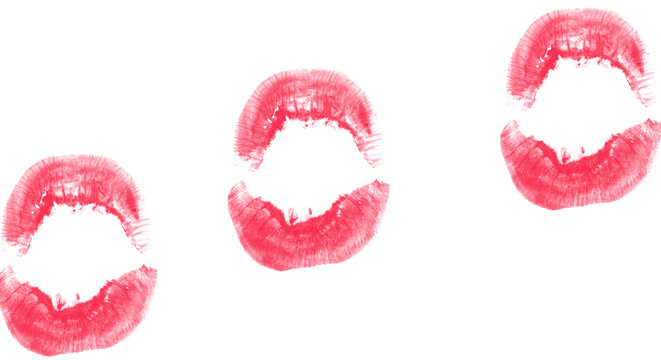 Three Bright Red Lipstick Kiss Marks on White Background, Horizontal Lip Print Arrangement, Romance and Beauty Graphic Design Element