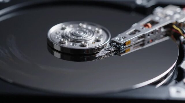 Internal components of a mechanical hard drive spinning during operation