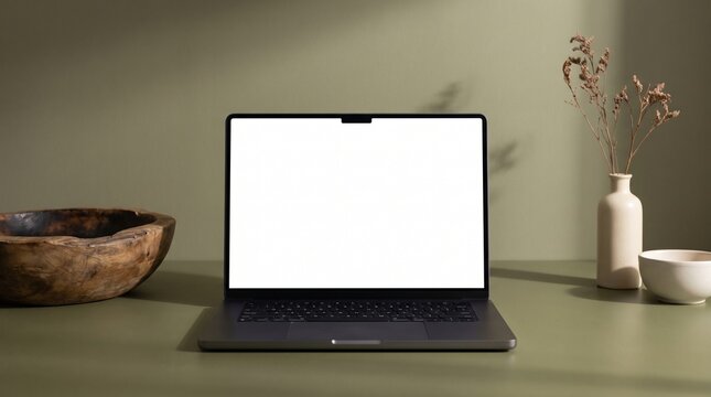 Laptop with blank white screen on desk for mockup design and professional remote work