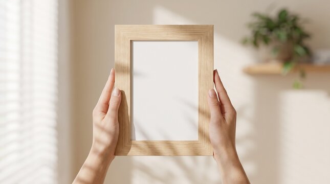 Hands holding empty wooden picture frame for mockup display in bright home interior