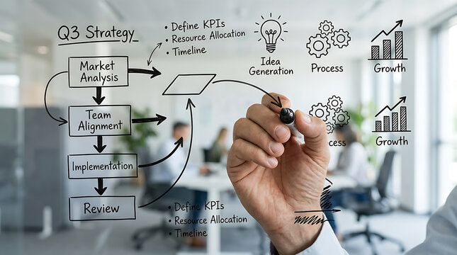 Business professional drawing a Q3 strategy flowchart on a glass wall in the office.