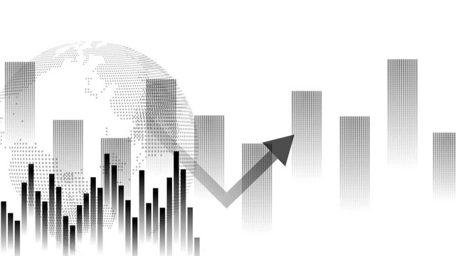 Monochrome financial growth chart with rising arrow animation, Financial chart with rising arrow and vertical bar graphs globe silhouette behind dots