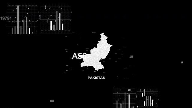 Pakistan map animation showcasing economy, infrastructure, technology, population, energy, trade, and national development data for presentations, films, documentaries, and motion graphics.