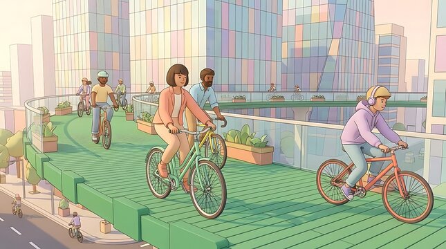 People cycling on green elevated path.