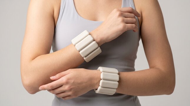 Woman wearing beige wrist weights for fitness training and strength building exercise