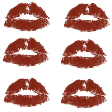 Six Reddish-Brown Lipstick Kiss Prints on White Background, Textured Lip Imprint Collection, Love and Beauty Graphic Design Element

