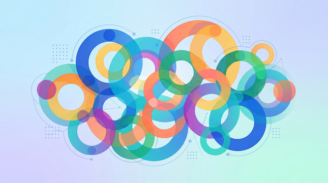Abstract geometric composition featuring overlapping multicolored rings creating dynamic visual connectivity against soft gradient background with collection overlapping translucent
