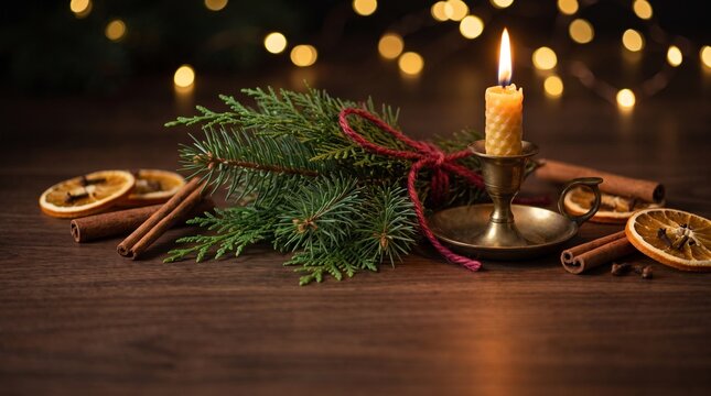 Christmas candle with pine branches and cinnamon sticks on a rustic wooden table background