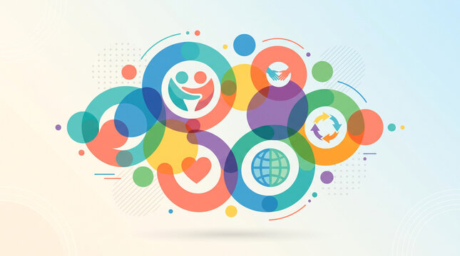 Abstract colorful interconnected circles illustrating global community collaboration unity diversity togetherness concepts modern graphic design art with abstract composition overlapping