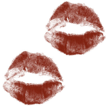 Red Lipstick Kiss Marks on White Background, Romantic Smudged Lips Imprint, Valentine's Day Love Concept

