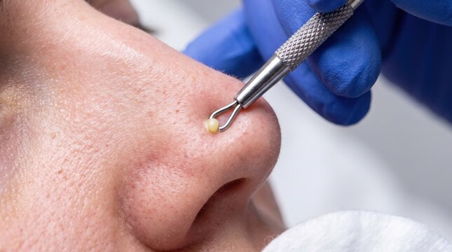 Macro shot of a professional aesthetician using a metallic loop tool to extract a clogged blackhead from a person nose.
