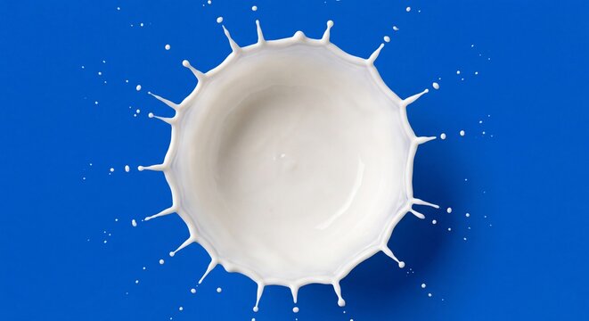 Top view dynamic white milk crown splash isolated against vibrant solid electric blue background surface with perfectly symmetrical white motion shot perfectly