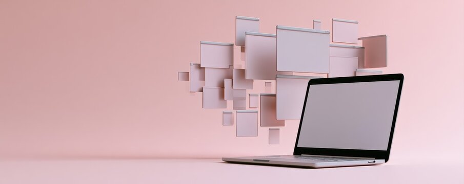 A generic unbranded laptop surrounded by blank modular application tiles, symbolizing streamlined digital productivity.