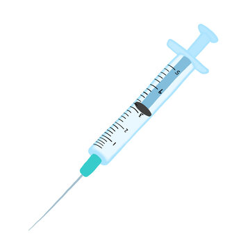 Modern glowing syringe with needle and measurement scale filled with liquid medicine isolated on transparant background