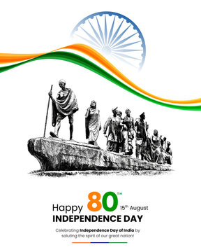 Happy 80th Indian Independence Day Vector Illustration &ndash; August 15th Banner with Mahatma Gandhi Dandi March Monument, Tricolor Wavy Ribbon, and Ashoka Chakra

