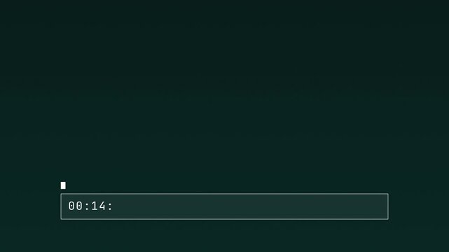 Pure white cinematic subtitle bar with digital timecode numbers typing out character by character then flickering on teal black duotone loop