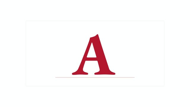 Bold crimson red serif movie title letter glyph expanding its letter spacing while fading in on white background cinematic loop