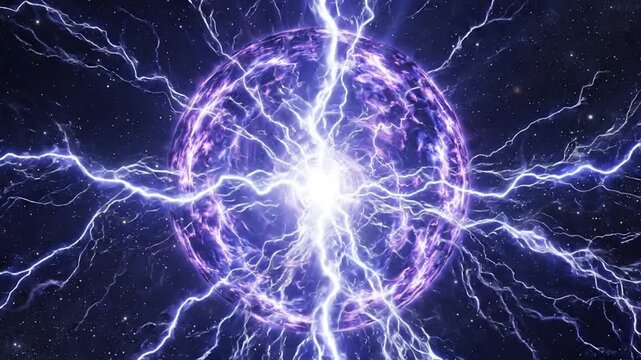 Glowing purple energy sphere pulsing with electrical discharges in space