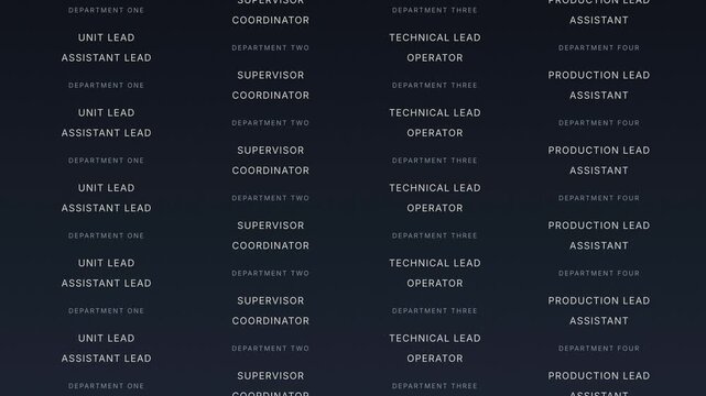 Off-white movie credit typography columns with film grain crawling continuously upward on dark charcoal navy duotone background loop