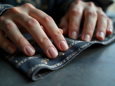 Manos femeninas con manicura natural sobre tela bordada