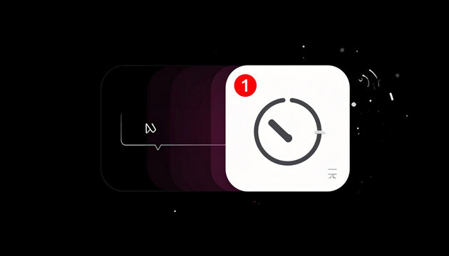 Modern Digital Notification Icon with a Clock and a Red Badge Showing One Unread Message on a Dark Background with Particles