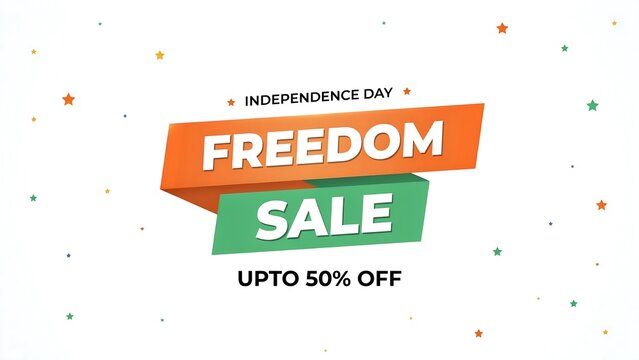 Independence day freedom sale graphic template with orange and green ribbons and colorful stars on white background for seasonal retail discounts and patriotic marketing materials.