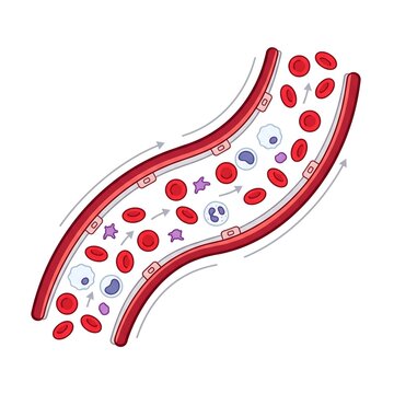 Anatomical vector illustration of red and white blood cells flowing through a human blood vessel capillary