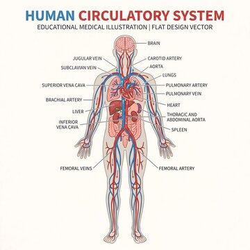 Detailed educational medical vector illustration of the human circulatory system with labeled internal organs and blood vessels