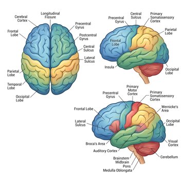 Anatomical illustration of the human brain displaying distinct lobes and key functional areas in a vibrant color-coded diagram