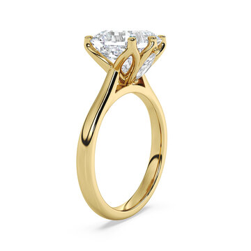 Perspective view of gold square diamond ring with tulip basket setting