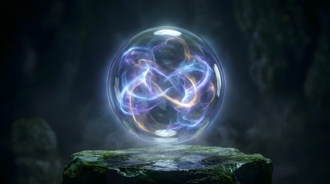 Glowing magic orb with blue energy on stone pedestal in dark cave
