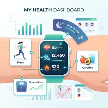 Fitness smart watch on wrist displaying health tracking dashboard with heart rate steps sleep and calories metrics vector illustration