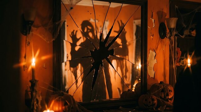 Spooky Halloween shadow in broken mirror, scary monster silhouette in haunted house, dark horror scene with candles and pumpkins