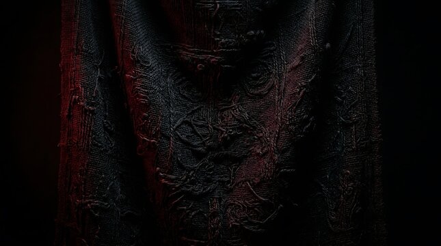 Gothic dark fabric with intricate embroidery, ornate black and red textured textile, mysterious damask cloth background