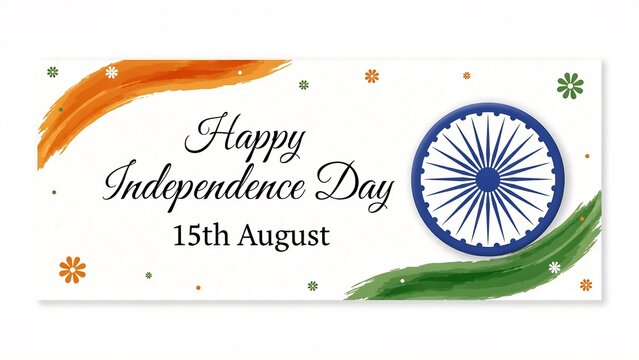 happy independence day banner with brush strokes representing indian flag colors and ashoka chakra for festive greetings.