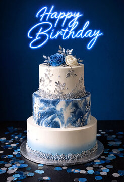 Beautiful threetiered birthday cake with elegant blue and white frosting and floral decorations on display
