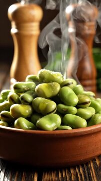 Steaming hot fava beans being seasoned with drizzling olive oil in bowl