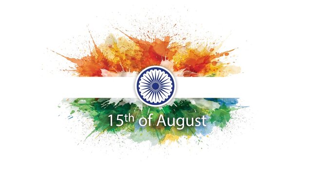 Abstract india flag watercolor splash design with ashoka chakra emblem creating patriotic backdrop for independence day celebration events and republic day graphic design projects.