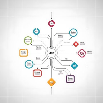 Business strategy mind map with colorful icons and connections.