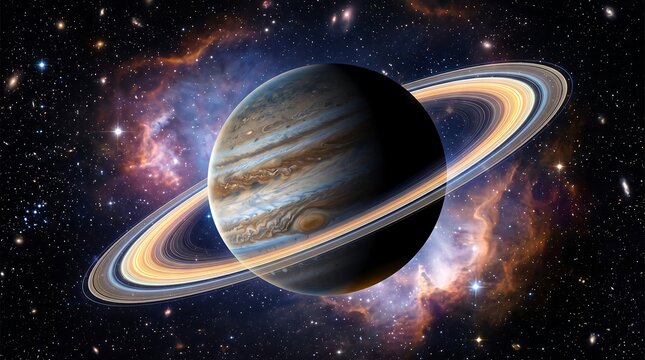 Gas giant planet with distinctive rings in deep space nebula, astronomy
