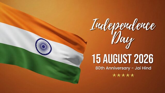 Realistic waving indian flag against brown background with text celebrating eightieth independence day anniversary marked with five golden stars and patriotic jai hind greeting.