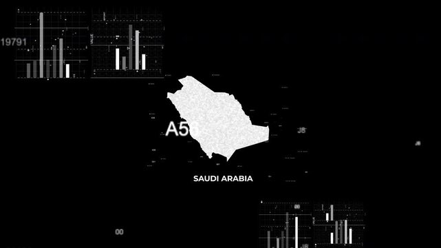 Saudi Arabia map animation showcasing economy, infrastructure, technology, population, energy, trade, and national development data for presentations, films, documentaries, and motion graphics.