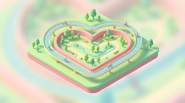Heart shaped 3D isometric park landscape design.