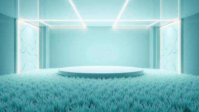 Minimalist stage design. Round platform sits amid blue grass. Bright neon lights outline room structure. Modern, clean aesthetic.