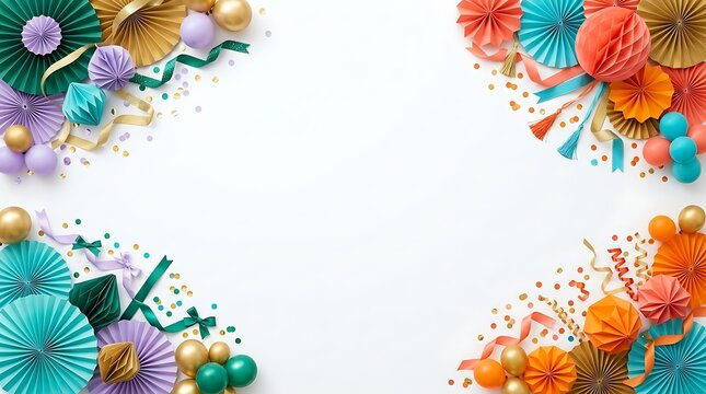 Colorful paper party decorations and confetti frame on white background for celebration
