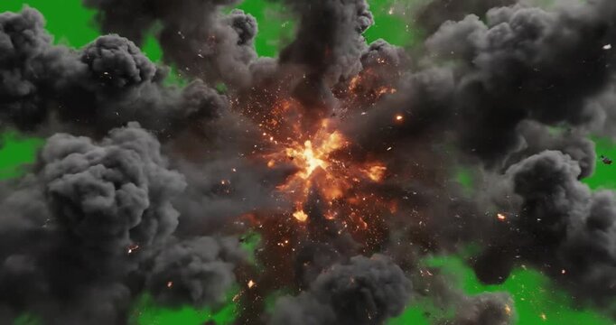 High-quality 3D rendered explosion with intense fire and thick smoke on a green screen background. 4K Video