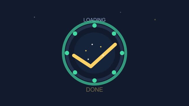 Circular loading progress indicator animation finishing with a done check mark for user interface preloader and digital application graphic design