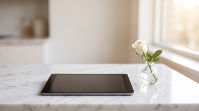 High angle view of modern tablet computer with blank textless screen on white marble counter next to fresh white rose flower bud in glass vase illustrating layout for giving tuesday charity campaign