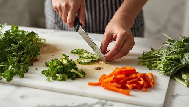 High fashion photography of vegetables being trimmed on a bright kitchen countertop, featuring fresh herbs, carrots, and broccoli with a chef's knife in use